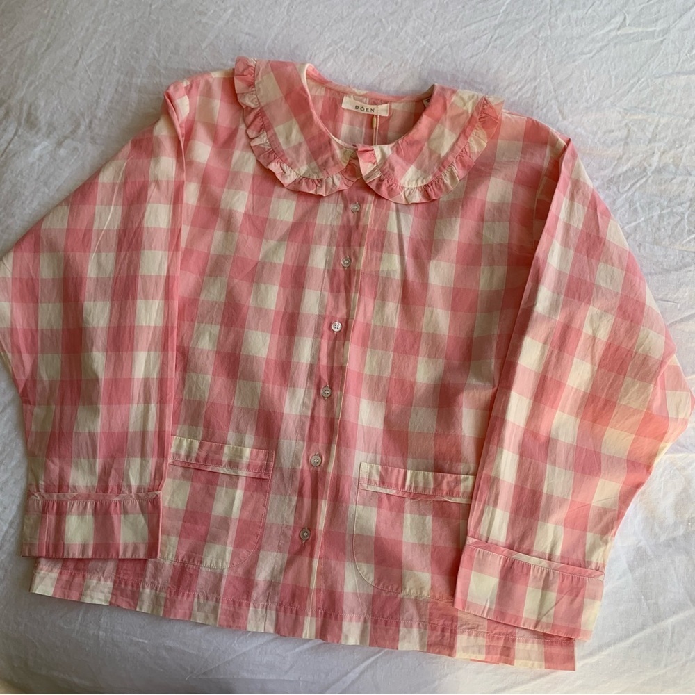 NWT Doen Paz Cotton Pink Ruffle Collar Pajama Blouse Top Rosette Gingham - Picture 7 of 11